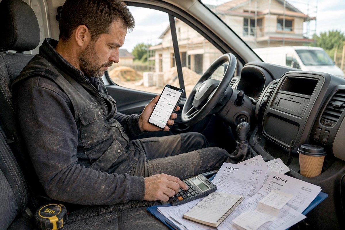 Artisan dans sa camionnette, calculatrice et factures en main, cherchant son revenu net