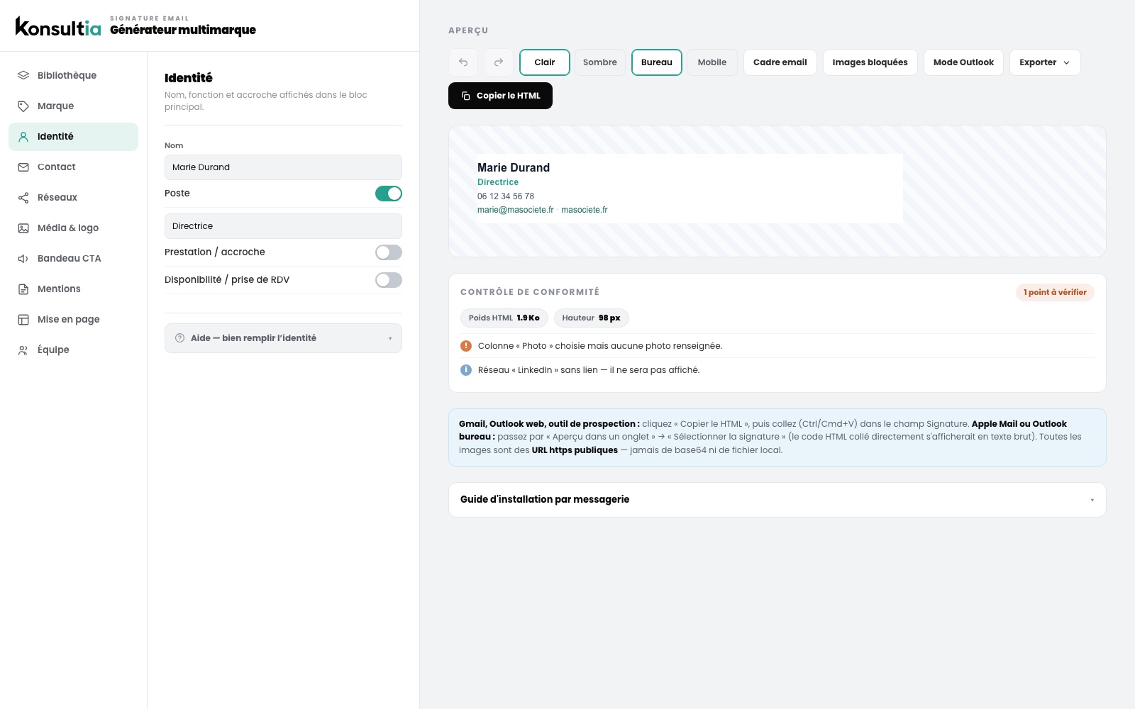 Signature Pro — aperçu du générateur