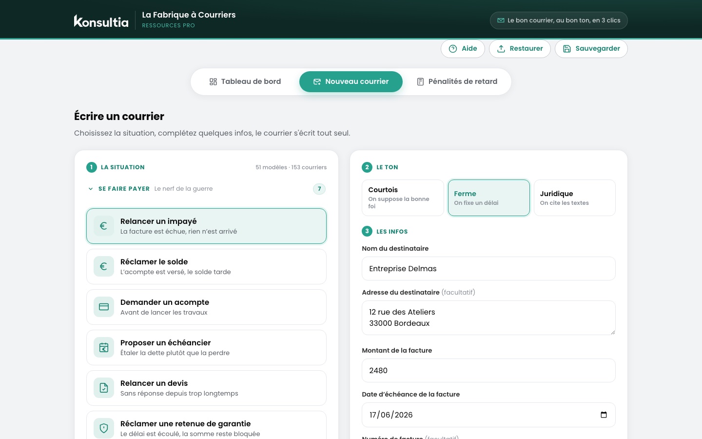 La Fabrique à Courriers : la situation choisie à gauche, le ton et les informations à droite — 51 modèles, 153 courriers