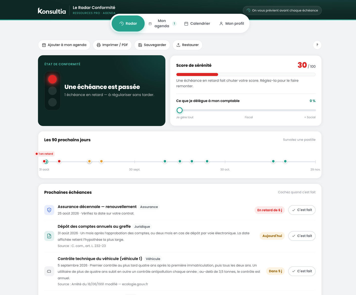 Le Radar de conformité : feu tricolore de l'état de conformité, score de sérénité, timeline des 90 prochains jours et liste des prochaines échéances avec leurs sources