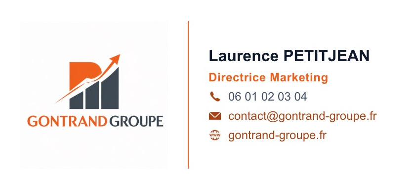 Signature email professionnelle avec logo d'entreprise : nom, fonction, téléphone, adresse e-mail et site web, générée avec Signature Pro