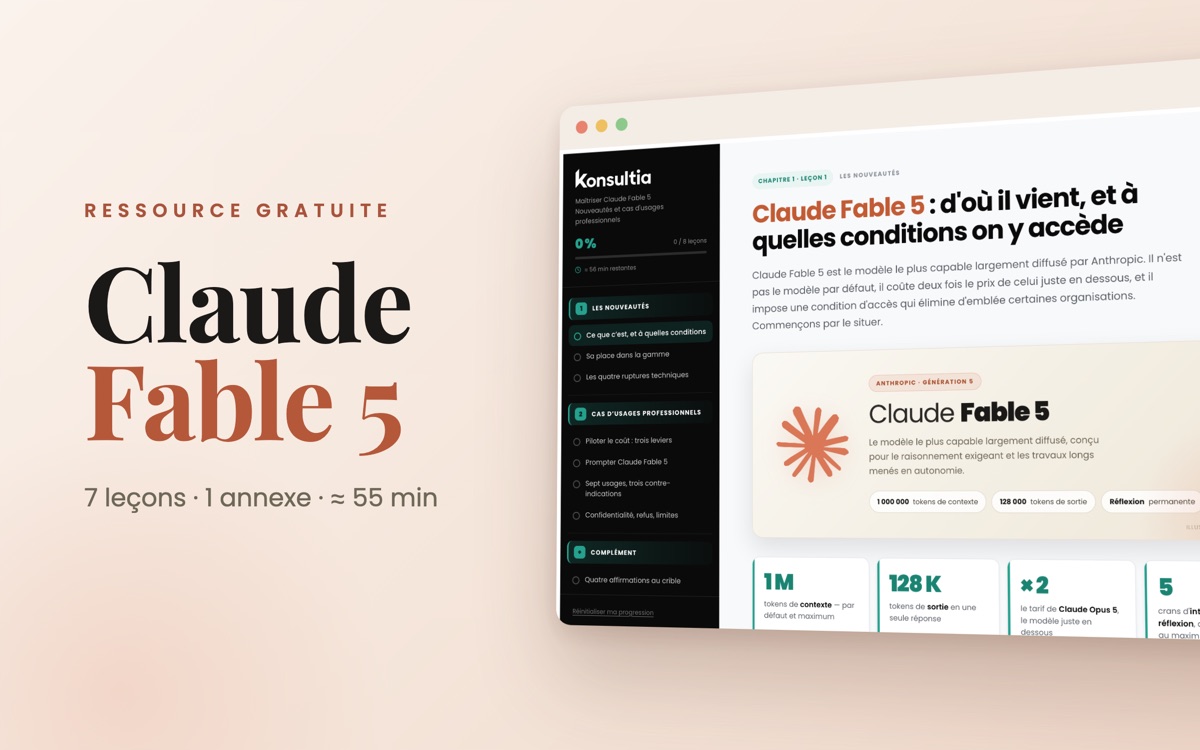 Aperçu du module KONSULTIA « Maîtriser Claude Fable 5 » : sommaire des leçons et fiche du modèle