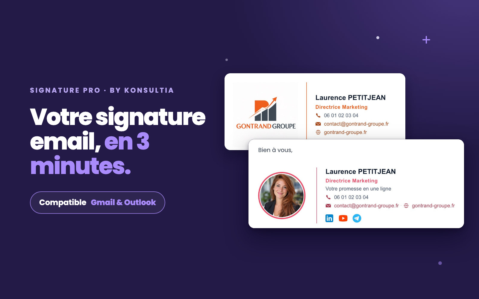 Signature Pro — deux signatures email professionnelles générées avec l’outil