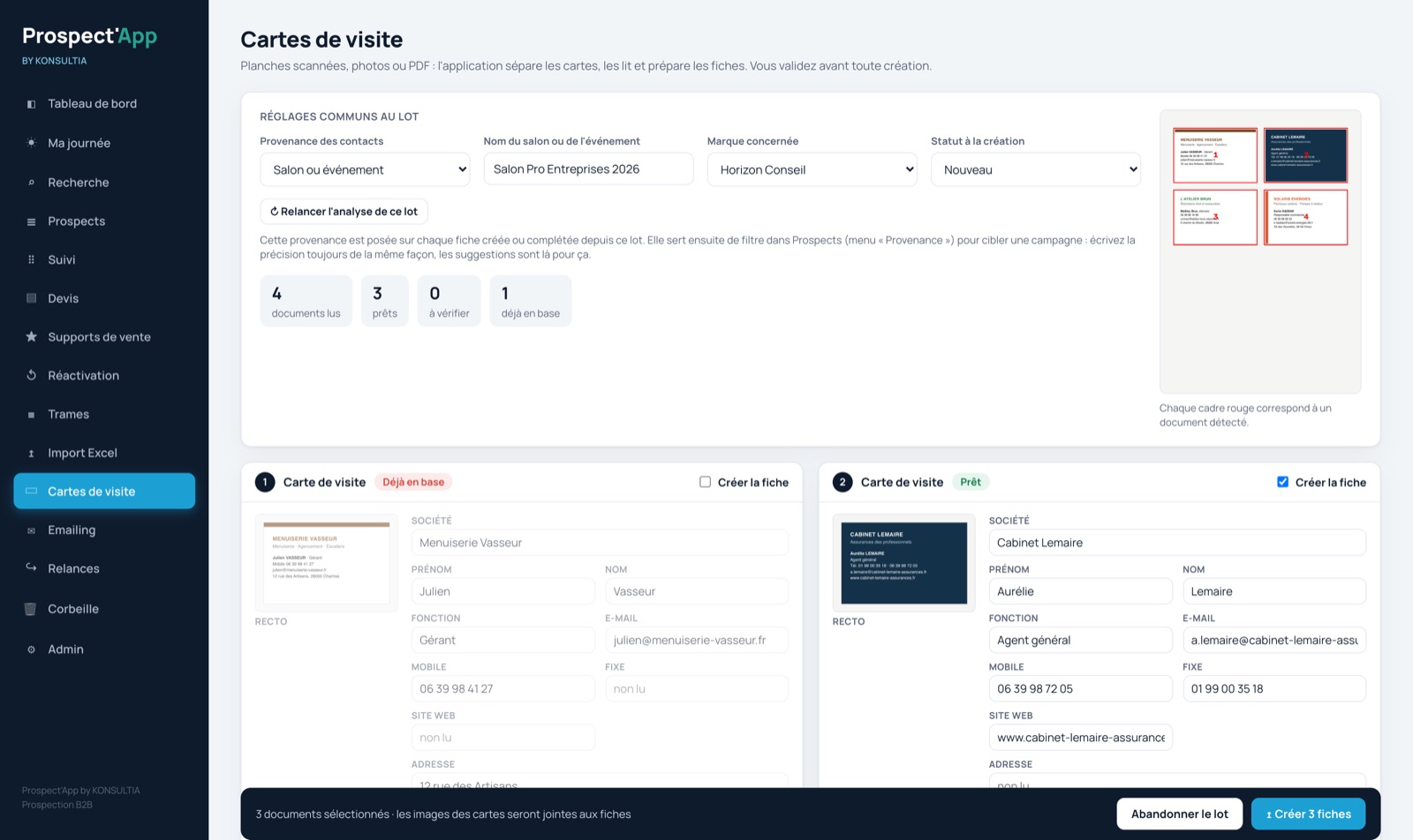 Validation des cartes de visite lues par Prospect'App