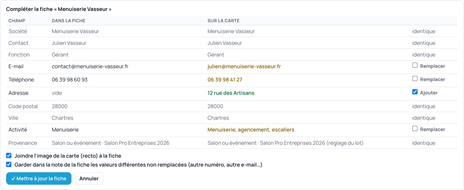 Comparaison entre une carte de visite et la fiche existante