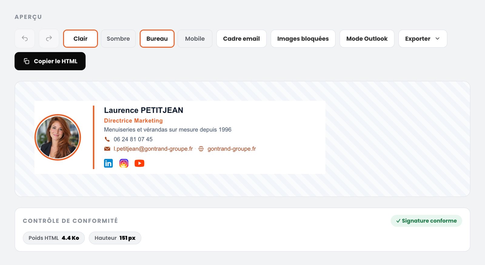Aperçu Signature Pro : signature email avec photo ronde, fonction, accroche, téléphone, e-mail, site et icônes LinkedIn, Instagram et YouTube, puis contrôle de conformité affichant «&nbsp;Signature conforme&nbsp;», 4,4 Ko et 151 px de hauteur